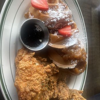 Taste Kitchen Bar - Chicken and waffles with half original and half apple pie waffles - Breakfast & Brunch Near Me - Houston, Texas