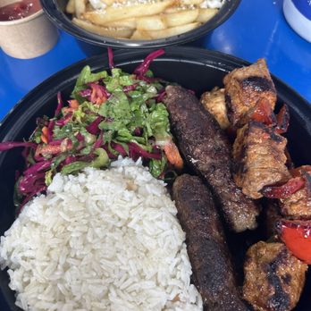 Kalimera Gyro - Bifteki platter with Greek rice & side of chicken & lamb souvlaki- excellent - Greek Near Me - Morristown, New Jersey Kalimera Gyro - Bifteki platter with Greek rice & side of chicken & lamb souvlaki- excellent - Greek Near Me - Morristown, New Jersey