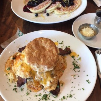 Plums Cafe - Biscuits + Gravy & blueberry pancake - Breakfast & Brunch Near Me - Costa Mesa, California