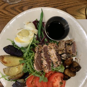 Salute - Sesame crusted seared ahi tuna with roasted mushrooms, roasted fingerling potatoes, and salad - Italian Near Me - Rocky Hill, Connecticut Salute - Sesame crusted seared ahi tuna with roasted mushrooms, roasted fingerling potatoes, and salad - Italian Near Me - Rocky Hill, Connecticut