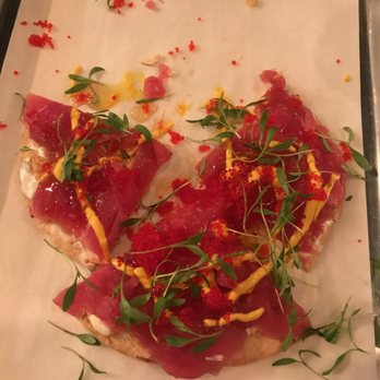 Kraken Crudo - Tuna Pizza- Herb cream cheese, crispy shallots, aji amarillo, honey truffle oil - Japanese Near Me - Miami, Florida Kraken Crudo - Tuna Pizza- Herb cream cheese, crispy shallots, aji amarillo, honey truffle oil - Japanese Near Me - Miami, Florida