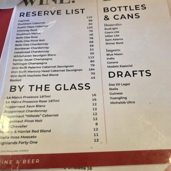 Ella - A menu displaying wine reserve list, bottled beers, and draft beers, with prices and selections including domestic and imported options. - Wine Bars Near Me - El Paso, Texas