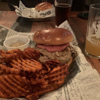 Stooges - Stuffed Turkey burger with sweet potato waffle fries. - American Near Me - Lockport, New York Stooges - Stuffed Turkey burger with sweet potato waffle fries. - American Near Me - Lockport, New York