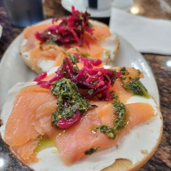 Pesto Cafe and grill - two bagels with smoked salmon - Sandwiches Near Me - Miami, Florida Pesto Cafe and grill - two bagels with smoked salmon - Sandwiches Near Me - Miami, Florida