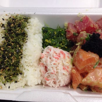 Poke District - White rice with both tuna and salmon. - Seafood Near Me - Orange, California