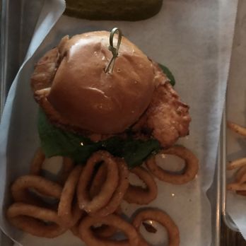 Bull McCabe's Irish Pub - Fried Chicken Sandwich - from fozen breast with Ore Ida rings - Irish Near Me - Durham, North Carolina