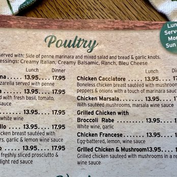 Antonella's - Old menu showing chicken entree prices (with salad included). - Italian Near Me - Wappingers Falls, New York