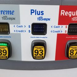 Chevron Gas Station - 89 and 93 stickers are backwards, on wrong buttons, lol