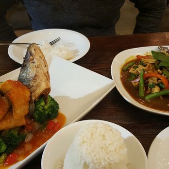 Kittiwat Thai Kitchen - Deep fried sea bass with sweet chili tamarind sauce, and spicy chicken basil - Thai Near Me - Frederick, Maryland Kittiwat Thai Kitchen - Deep fried sea bass with sweet chili tamarind sauce, and spicy chicken basil - Thai Near Me - Frederick, Maryland