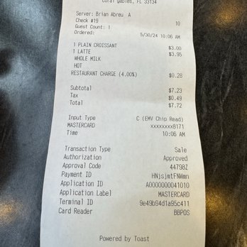 Miam Cafe - RESTAURANT CHARGE 4% ON TOP OF THE TIP & TAX WHY????? Es un ABUSO. Ni los cuban bakery hacen este cargo extra. - Coffee & Tea Near Me - Coral Gables, Florida Miam Cafe - RESTAURANT CHARGE 4% ON TOP OF THE TIP & TAX WHY????? Es un ABUSO. Ni los cuban bakery hacen este cargo extra. - Coffee & Tea Near Me - Coral Gables, Florida