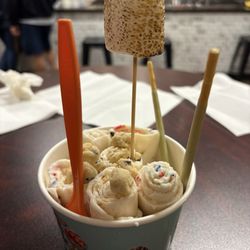 Pandora Rolled Ice Cream - Made my own with almond base, rainbow sprinkles mixed in, matcha pocky, cookie dough, and toasted marshmallow