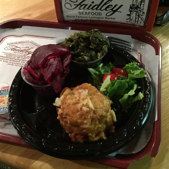 Faidley's Seafood - Crab cake platter with pickled beets and greens. - Seafood Markets Near Me - Baltimore, Maryland Faidley's Seafood - Crab cake platter with pickled beets and greens. - Seafood Markets Near Me - Baltimore, Maryland