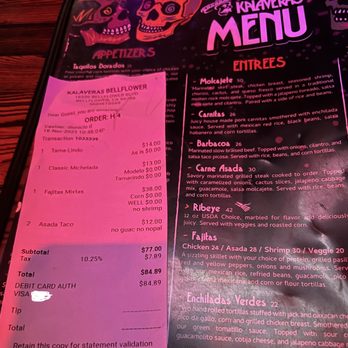 Kalaveras - Menu that doesn't state prices accurately - Cocktail Bars Near Me - Bellflower, California