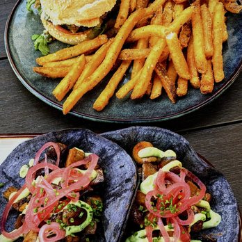 Shelter Distilling - Grilled Portobello Burger with Fries and Roasted Seasonal Mushroom Tacos - Cocktail Bars Near Me - Dana Point, California