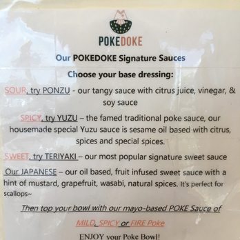 Poke Doke - Menu and description of sauce options. - Poke Near Me - Carson City, Nevada Poke Doke - Menu and description of sauce options. - Poke Near Me - Carson City, Nevada