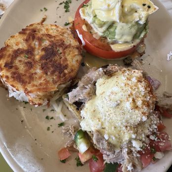 Snooze, an A.M. Eatery - Split Benny: Smashed Avocado Benny and Pork Chile Verde Benny - Breakfast & Brunch Near Me - Ft Collins, Colorado Snooze, an A.M. Eatery - Split Benny: Smashed Avocado Benny and Pork Chile Verde Benny - Breakfast & Brunch Near Me - Ft Collins, Colorado