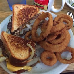 The double patty melt with onion rings. The double patty melt with onion rings.