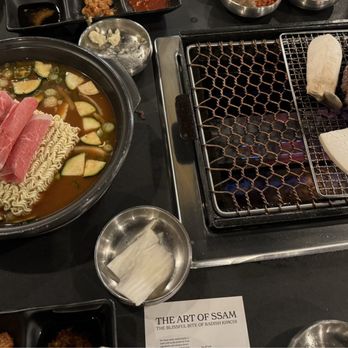 Origin Korean BBQ - Ramen on the left Marinated short rib patty on the right - Korean Near Me - Los Angeles, California Origin Korean BBQ - Ramen on the left Marinated short rib patty on the right - Korean Near Me - Los Angeles, California