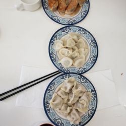 Queenie's Dumplings - Pan-fried veggie, steamed pork/prawn and beef/onion.