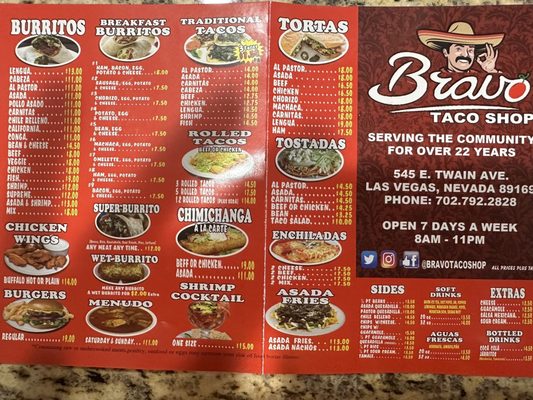Menu photo 2 Bravo Taco Shop Las Vegas, NV