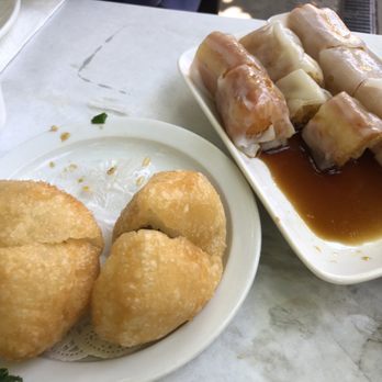 Fu Lam Mum - Rice rolls with crispy donut strips inside on right. Left crispy pork dumplings. (Best dish in the area) - Dim Sum Near Me - Mountain View, California