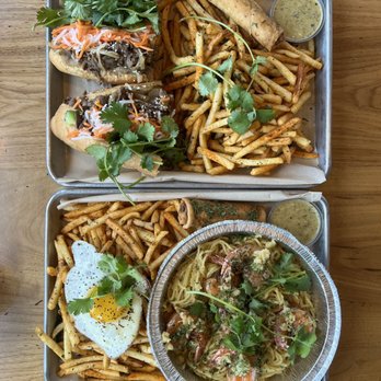 Nguyen's Kitchen - Bulgogi Short Rib Steak Sandwich, Garlic Noodles w/ Jumbo Tiger Shrimp (5pcs), Egg Rolls (2), & Cajun Garlic Fries w/ Fried Egg - Vietnamese Near Me - Orange, California Nguyen's Kitchen - Bulgogi Short Rib Steak Sandwich, Garlic Noodles w/ Jumbo Tiger Shrimp (5pcs), Egg Rolls (2), & Cajun Garlic Fries w/ Fried Egg - Vietnamese Near Me - Orange, California