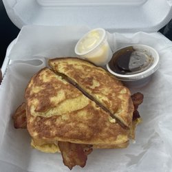 Mr B's Gourmet Coffee and Snack Food - Mr. B's breakfast sandwich with 3 layer of French toast, ham, sausage, bacon and an egg.
