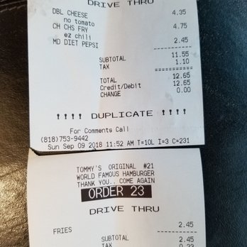 Original Tommy's - Asked for a #1 and a chili fries. She charged me separately for everything and made me pay for another side of fries.. so stupid. - Burgers Near Me - Los Angeles, California Original Tommy's - Asked for a #1 and a chili fries. She charged me separately for everything and made me pay for another side of fries.. so stupid. - Burgers Near Me - Los Angeles, California