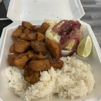 La Palma - Masa De Cerdo Frita w/ Yuca & Onions, Rice, Beans (not shown) - Dominican Near Me - Greensboro, North Carolina La Palma - Masa De Cerdo Frita w/ Yuca & Onions, Rice, Beans (not shown) - Dominican Near Me - Greensboro, North Carolina