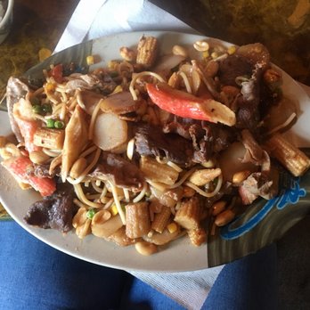 Khan's Mongolian Barbeque - beef, crab, chicken, baby corn, water chestnuts, peas, corn, noodles, and peanuts. - Barbeque Near Me - Roseville, Minnesota