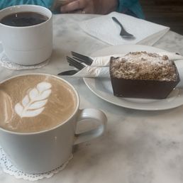 Latte, coffee, coffee cake Latte, coffee, coffee cake