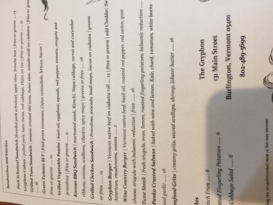 Menu photo 8 The Gryphon Burlington, VT