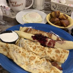 Bacon cheddar crepes blue berry crepe cinnamon crepe home fries egg