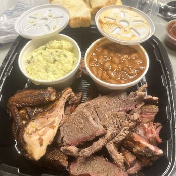 Ray's Real Pit BBQ Shack - 3 Meat Plate- Rib Tip; Brisket ( Lean ) and Chicken Beans and Potato Salad - Barbeque Near Me - Houston, Texas Ray's Real Pit BBQ Shack - 3 Meat Plate- Rib Tip; Brisket ( Lean ) and Chicken Beans and Potato Salad - Barbeque Near Me - Houston, Texas