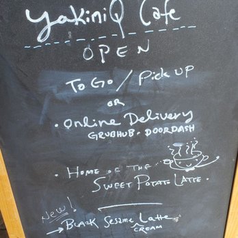 YakiniQ CAFE - Menu w/cool latte options. Indoor seating not available yet. Nice covered "outdoor" tables. Friendly, helpful staff. Space on a Friday PM. - Bakeries Near Me - San Francisco, California