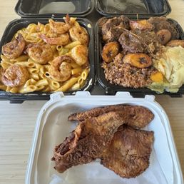 Take home order (left to right): Shrimp Rasta Pasta, the oxtail, and the fried tilapia. Take home order (left to right): Shrimp Rasta Pasta, the oxtail, and the fried tilapia.