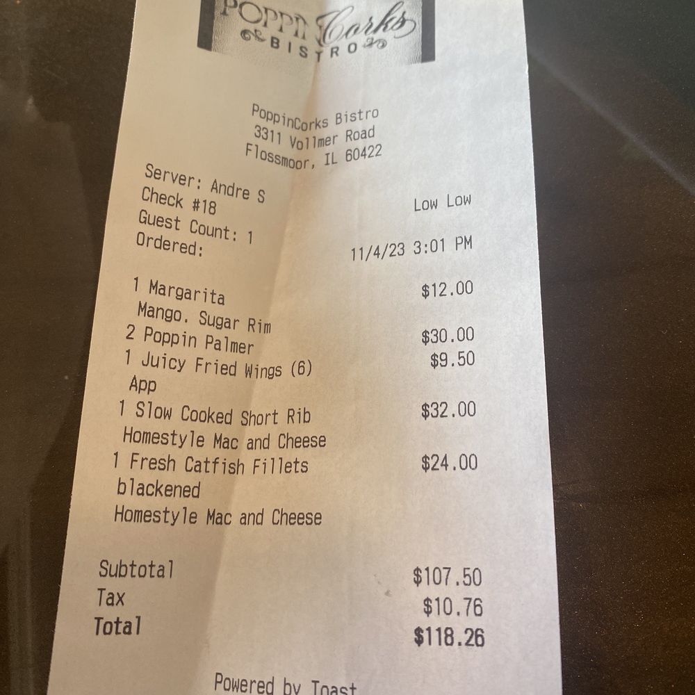 PoppinCorks Bistro - Receipt showing server TRIED to get the bartender to sugar the rim. - Desserts Near Me - Flossmoor, Illinois PoppinCorks Bistro - Receipt showing server TRIED to get the bartender to sugar the rim. - Desserts Near Me - Flossmoor, Illinois
