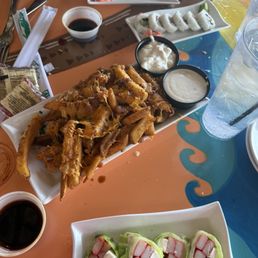 Kanisu roll, California roll, bacon cheese fries Kanisu roll, California roll, bacon cheese fries