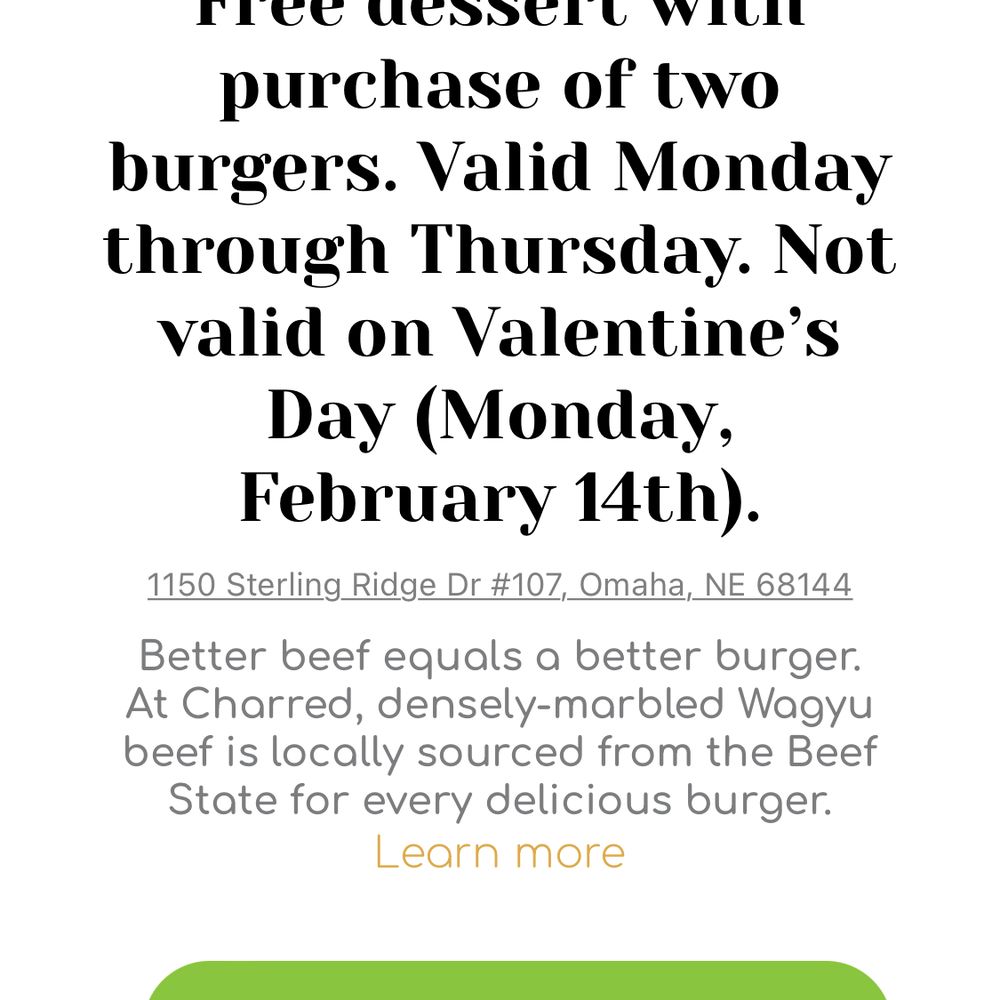 Charred Burger + Bar - Great deal and it's free! - Burgers Near Me - Omaha, Nebraska Charred Burger + Bar - Great deal and it's free! - Burgers Near Me - Omaha, Nebraska