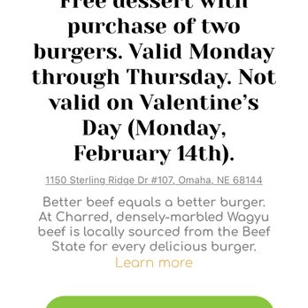 Charred Burger + Bar - Great deal and it's free! - Burgers Near Me - Omaha, Nebraska Charred Burger + Bar - Great deal and it's free! - Burgers Near Me - Omaha, Nebraska