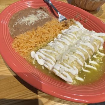 Katrina's Mexican Kitchen - Pollo Enchiladas with Verde sauce and diced onions on top - Mexican Near Me - Artesia, California