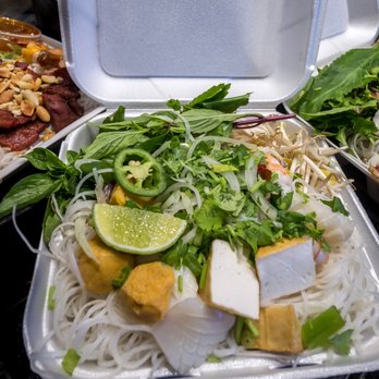 Saigon Deli - Left to right...Shrimp & Grilled Pork Vermicelli, Seafood Pho, and Special Pho...broth separate. - Vietnamese Near Me - Tampa, Florida Saigon Deli - Left to right...Shrimp & Grilled Pork Vermicelli, Seafood Pho, and Special Pho...broth separate. - Vietnamese Near Me - Tampa, Florida