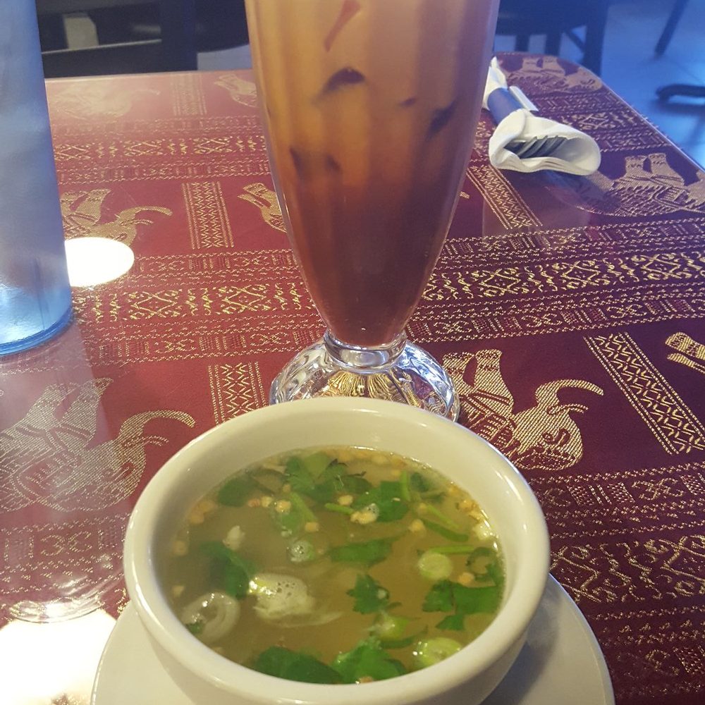 Thai Thip Restaurant - Thai iced tea and some kind of yummy clear soup - Thai Near Me - Hurst, Texas Thai Thip Restaurant - Thai iced tea and some kind of yummy clear soup - Thai Near Me - Hurst, Texas