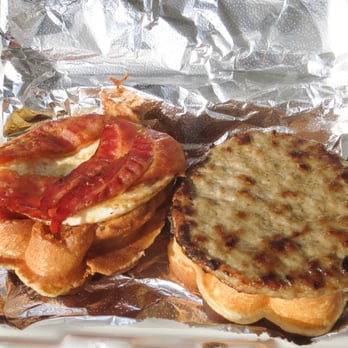 T&J Waffles - Eggs, Bacon and Sausage in a French waffle sandwich - Breakfast & Brunch Near Me - Laurel, Maryland T&J Waffles - Eggs, Bacon and Sausage in a French waffle sandwich - Breakfast & Brunch Near Me - Laurel, Maryland