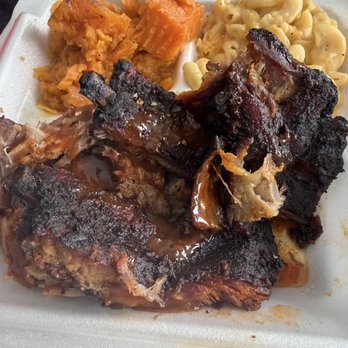 Smokey John's Bar-B-Que - Two meat plate ribs and brisket with Mac and yams - Barbeque Near Me - Dallas, Texas