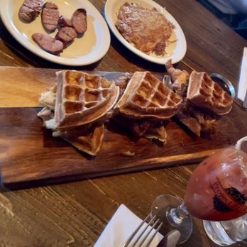 Project PUB - Chicken and waffle sliders, side of sausage, side of hash browns. - Beer Bar Near Me - Somerville, New Jersey Project PUB - Chicken and waffle sliders, side of sausage, side of hash browns. - Beer Bar Near Me - Somerville, New Jersey