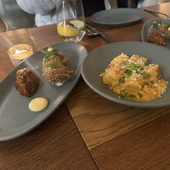 Common Thread Savannah - Pasta in a cream sauce on right. Fried eggplant on left. - New American Near Me - Savannah, Georgia