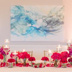 Stamford Florist - Wedding head tablescape, hot pink, roses, gerbera daisy
