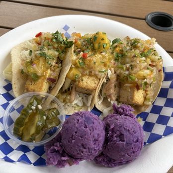 Gill's Lanai - Tofu tacos with purple sweet potato salad. - Hot Dogs Near Me - Kapaau, Hawaii