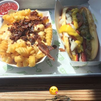 Shake Shack Downtown Brooklyn - Hotdog with veggie toppings + bacon cheese fries. - Burgers Near Me - Brooklyn, New York Shake Shack Downtown Brooklyn - Hotdog with veggie toppings + bacon cheese fries. - Burgers Near Me - Brooklyn, New York